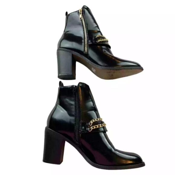 Koi Couture Womens Black Faux Patent Leather Chain Zip Ankle Boots Heeled Size 6 - Picture 5 of 7